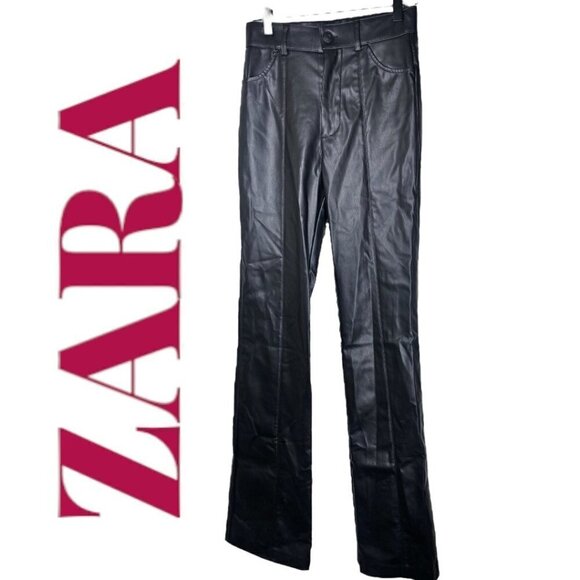 ZARA Faux Leather Slim Bootcut Flare Ankle Zip Full Length Pants Black, Size XS - Picture 2 of 16